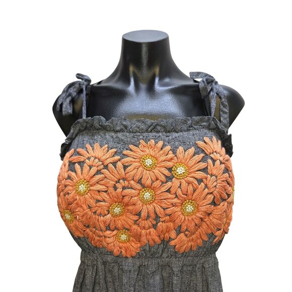 Innika Choo Blue Maxi Dress w/Orange Floral Embroidery & Tie Straps OS - Picture 3 of 9